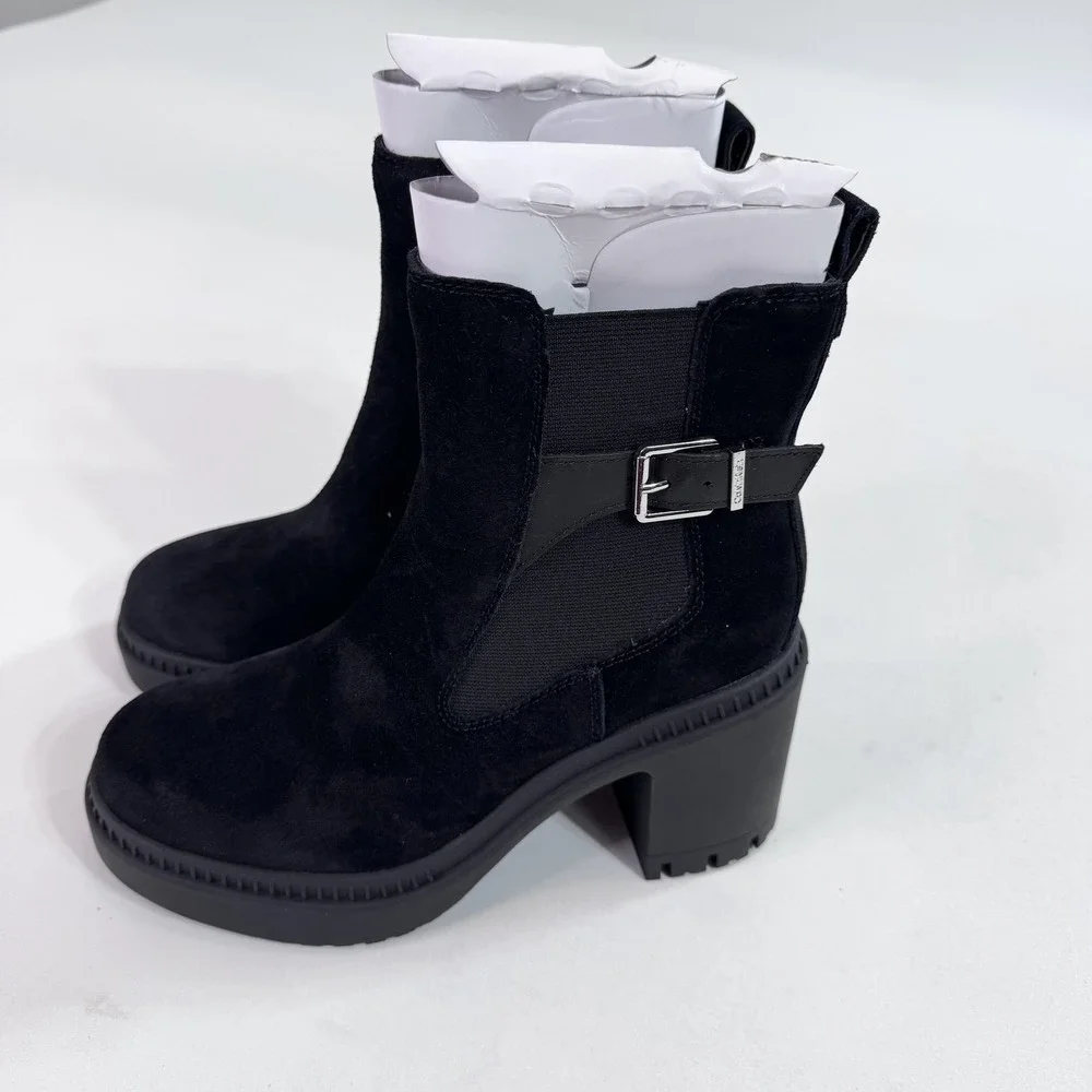 Calvin Klein Boots Womens Size 7.5 Black Suede Chelsea Ankle Block Heel Lug Sole
